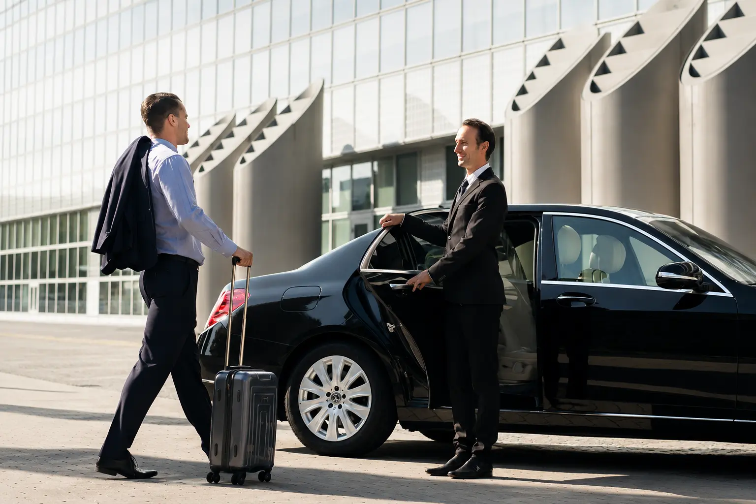 Professional chauffeur opening a car door